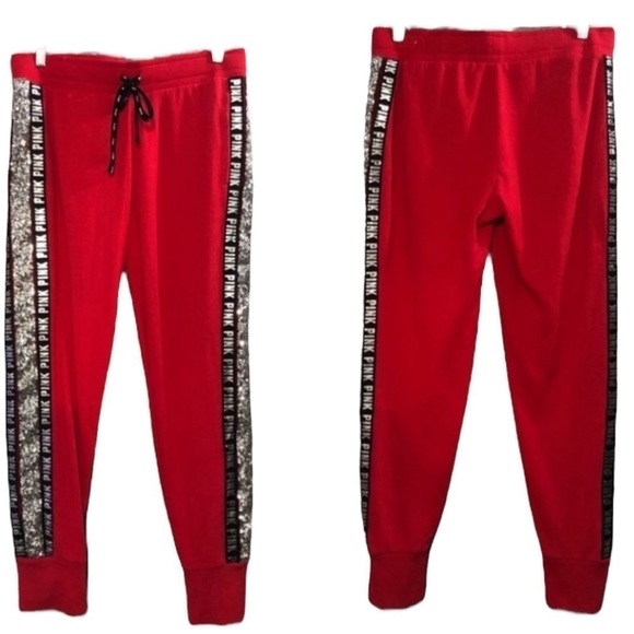 VS PINK Victoria’s Secret Red Bling Silver Sequin Joggers Pants Women’s Small - Picture 8 of 16